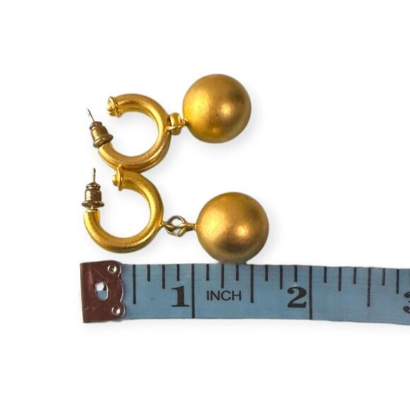 Gold Tone Drop Hoop Earrings with Dangling Balls, Vintage 1980s, - Picture 5 of 5